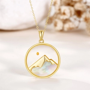 Stainless steel faith necklace with golden mountain landscape and sun pendant charm