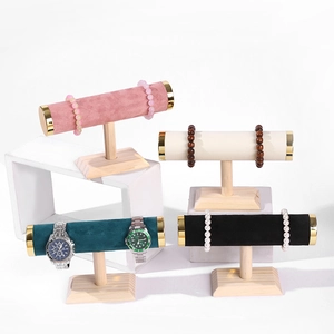 T-bar jewelry display stand with velvet crossbars and wooden base in multiple colors