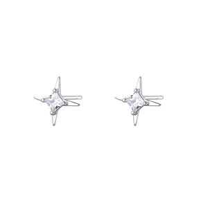 Sparkling S925 sterling silver four-pointed star stud earrings with square zircon stone