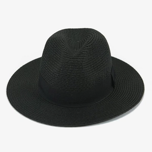 Close-up of a black straw fedora hat featuring fine weave texture and a grosgrain ribbon