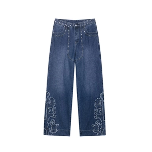 Jean Large Rétro Femme Avec Clous Patch Étoile Pantalon Denim Délavé Taille Basse Broderie Franges Bleu Streetwear