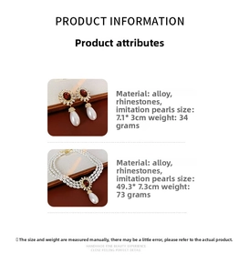 Macro view of floral rhinestone necklace and pearl earrings with product dimensions