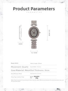 Detailed specification sheet for women's crystal watch showing movement and dimensions