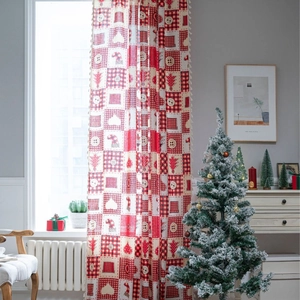 Red Christmas cafe curtain with heart patterns and tassels for holiday window decor