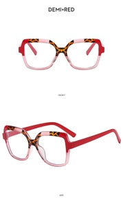 Detail view of square demi and red frames showing front and side optical design
