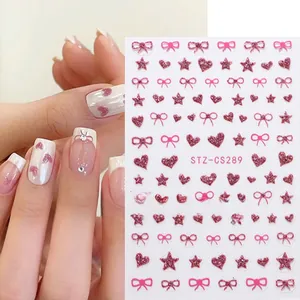 Pink glitter French nail stickers with bow and heart patterns, style STZ-CS289 detail