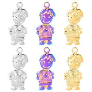 Detailed view of DIY stainless steel boy charms in silver, gold, and rainbow finishes