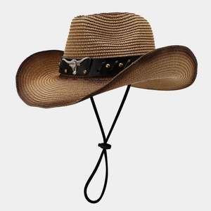 Western Cowboy Straw Hat With Leather Belt Bull Head Metal Ornament Adjustable Wind Rope Wide Brim Sun Protection Foldable