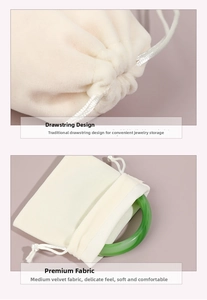 Close-up of drawstring closure and soft velvet texture of the cream jewelry storage bag