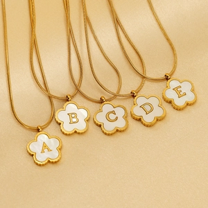 Stainless Steel Necklace 18K Gold Plated Initial Letter Pendant Flower Shape Mother Of Artificial Pearl Shell Elegant Snake Chain