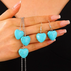 Boho-Schmuckset mit herzförmigem Türkis-Anhänger, Halskette und Ohrringen