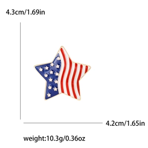 Star-shaped enamel brooch with US flag colors and size measurements on white background