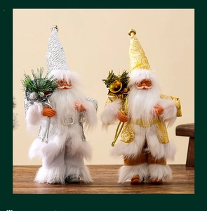 Detail of two 9-inch gold and silver standing Santa figurines with sequins and fur