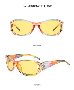 Detail view of polarized Y2K sunglasses with golden butterfly accents in rainbow and yellow