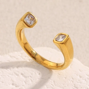 Minimalist Open Ring 18K Gold Plated Stainless Steel With Double Square Zircon Geometric Adjustable Jewelry For Women