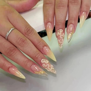 Unghie Press On Mandorla Stiletto Ombre Rosa Giallo Lucido Unghie Artificiali Con Fiore 3D Strass Eleganti Unghie Finte Per Donne