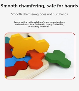 Detailed view of smooth chamfered edges on colorful wooden hexagon puzzle blocks