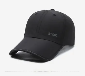 Detail view of quick-dry black baseball cap featuring SPORT logo and fashion webbing
