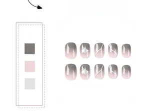 Detail of short square-oval press-on nails with grey-pink gradient and silver star design