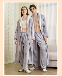Thick grey flannel bathrobe set for couples featuring a soft texture and white piping detail