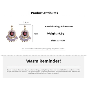 Detailed view of crystal flower tassel earrings showing 2.3x4cm size and 9.9g weight
