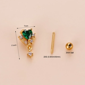 Gold heart stud earring with green zircon pendant and 20G barbell dimensions display