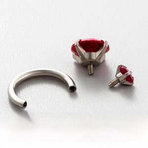 Macro shot of titanium steel horseshoe ring featuring red zircon and internal thread detail