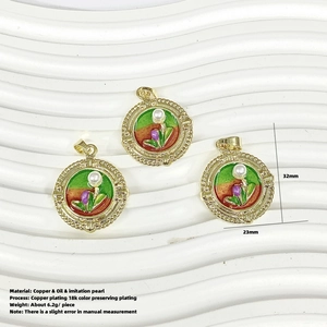 Three vintage floral oil painting pendants with 18K gold copper and imitation pearls
