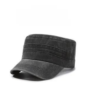 Detail showing decorative stitching on the brim of a charcoal gray military flat top cap