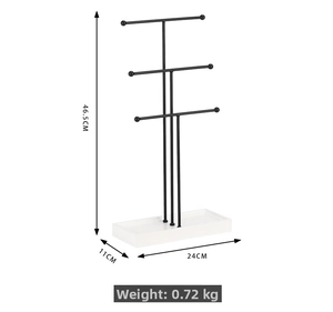 Three-tier metal jewelry stand with white base tray and detailed dimension markings