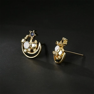 Gold plated moon and bear stud earrings with opal stone and blue gemstone accents