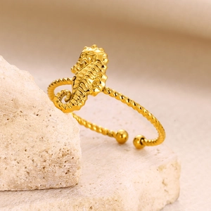 Chic golden seahorse adjustable open ring for women in stainless steel material