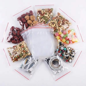 Clear PE resealable bags with red zip lock showing storage for nuts and electronics