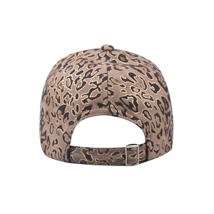 Detail of leopard print baseball cap featuring a silver metal adjustable back buckle