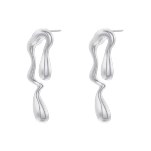 Detailed view of silver liquid metal style irregular twisted teardrop stud earrings
