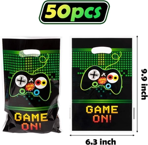 50pcs green pixel game party gift bags featuring gaming controller and Level Up text