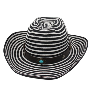 Bohemian black and white striped straw jazz hat with turquoise leather band decoration