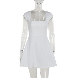 Detail shot of white square neck mini A-line dress with cap sleeves and smooth seams