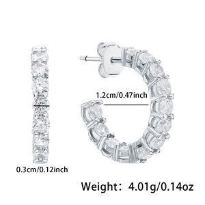 Detail showing 1.2cm inner diameter and 0.3cm width of silver hoop earrings with white zircons