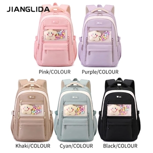 Large capacity nylon school backpacks for girls in five assorted colors with transparent pockets