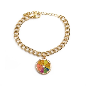 Gold chain bracelet for girls featuring colorful orange slice charms with lobster clasp