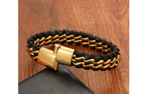 Close-up of black braided leather bracelet with gold titanium steel chain and magnetic clasp