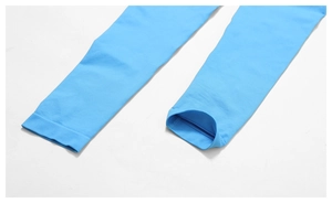 Detail of sky blue seamless knitted sleeves with ribbed texture and wide non-slip cuffs