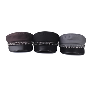 Three-color set of PU leather bill military caps with double layer silver chain accents