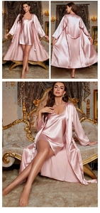 Detailed view of champagne pink silk satin sleepwear set with robe and slip dress