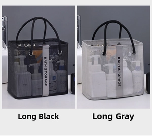 Close-up of black and gray mesh bath storage bags with handles in a bathroom setting