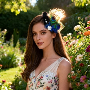 Detailed view of peacock feather hair clip with white flower on a female model