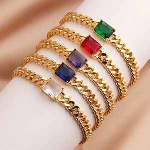 Elegant Women Bracelet Rectangular Cubic Zirconia 18K Gold Plated Brass Adjustable Cuban Link Chain Geometric Style