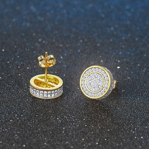 Iced out gold round stud earrings with pave cubic zirconia in hip hop style for men
