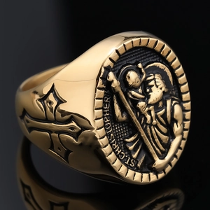 Vintage gold St. Christopher signet ring with engraved cross and relief details